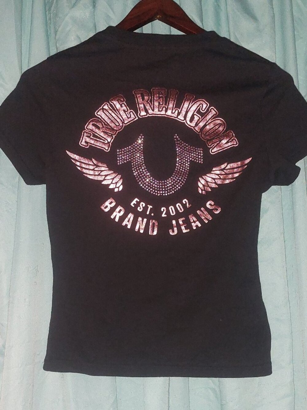 True Religion Black T-shirt with Metallic Pink Accents Small